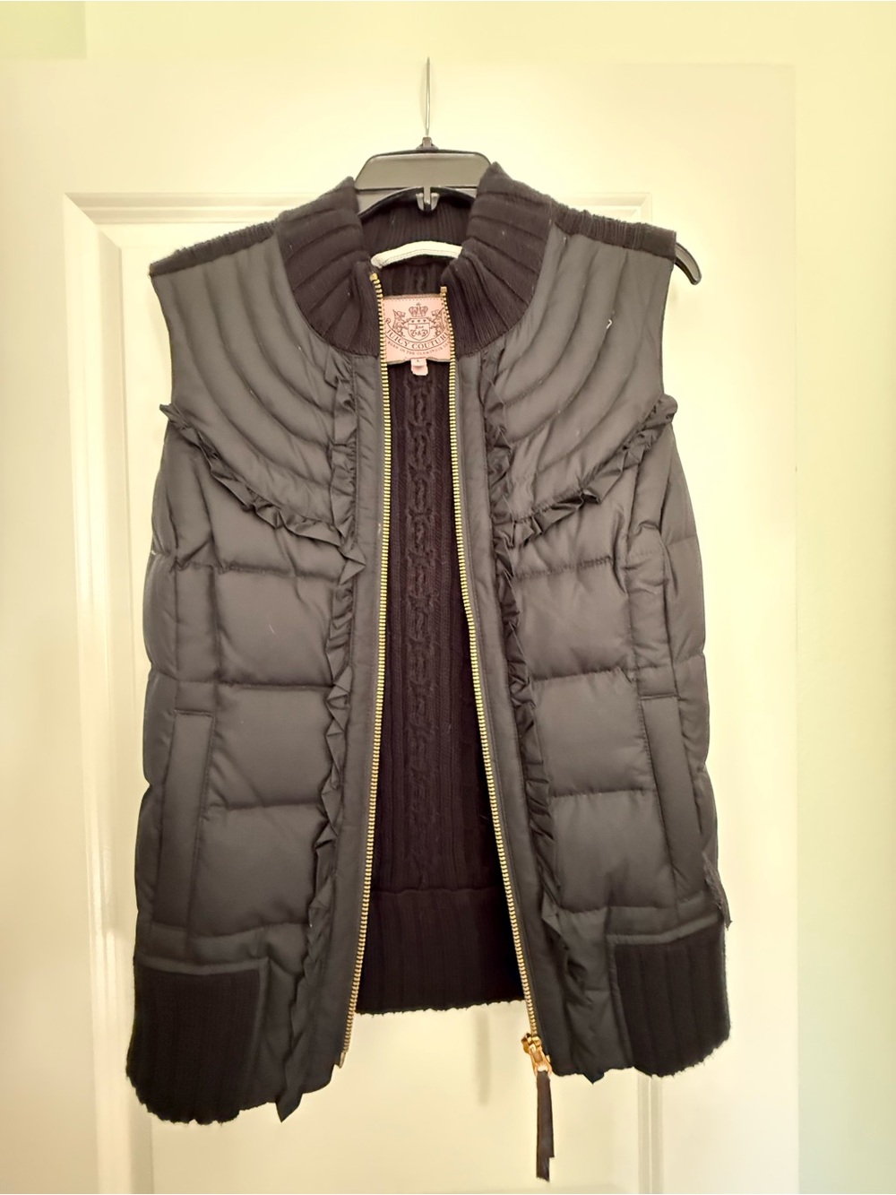 Juicy Couture Black Quilted Ruffle-Trim Puffer Vest with Gold Zipper
